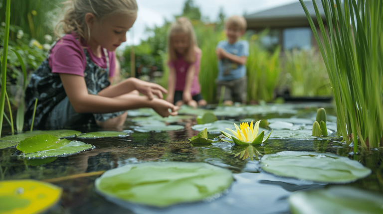A small group of children gently exploring lily pads and a yellow water lily in a shallow pond