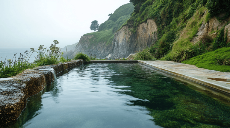 A stone-edged pool set against a lush coastal cliff, with cascading water flowing into its crystal-clear surface and misty ocean vistas beyond