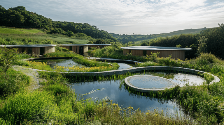 Interconnected circular ponds with timber pavilions set among rolling hills and lush native vegetation