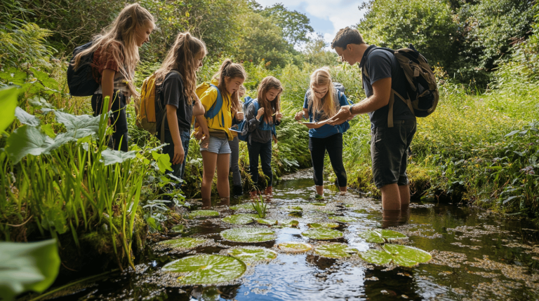 A group of children with a field guide studying lily pads and water plants in a shallow stream