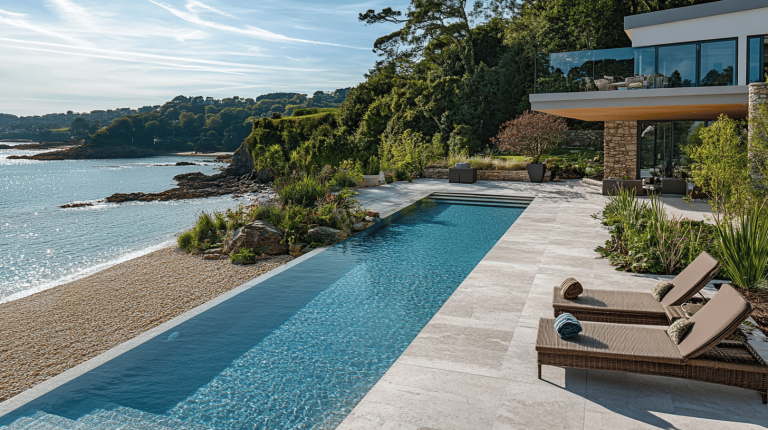 Sunlit infinity pool blending into a scenic coastal setting, framed by modern architecture and lush greenery