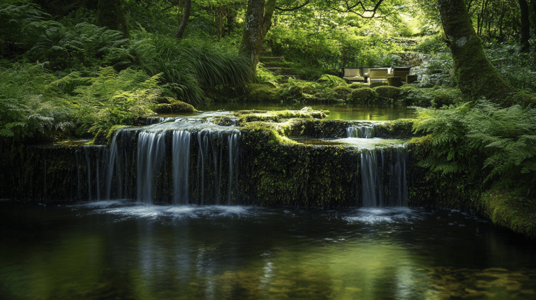 A moss-covered waterfall cascading through a lush, fern-lined forest with a cosy seating area in the background