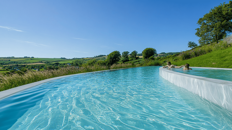 Infinity pool with two individuals relaxing, overlooking rolling green hills and a bright blue sky