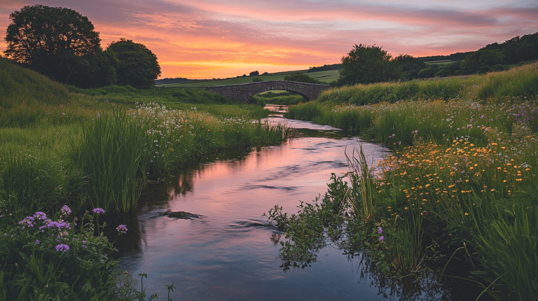 A tranquil, narrow river meandering through wildflower-strewn banks toward an old stone arch bridge under a vibrant orange and pink sky