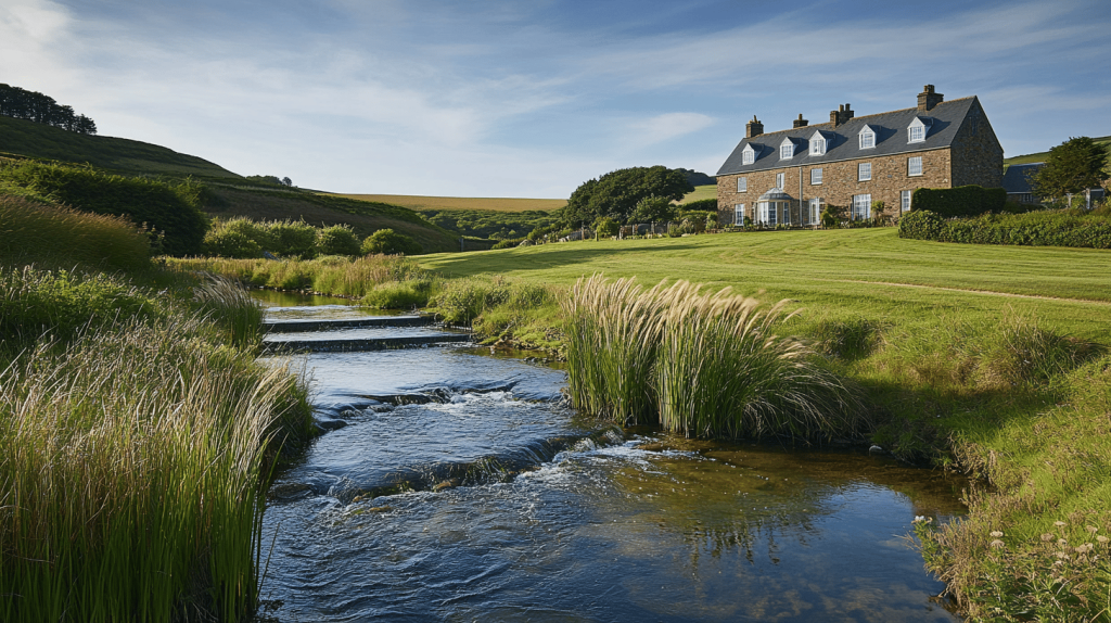 A gently tiered stream flows through tall grass before a large stone building, surrounded by rolling green hills