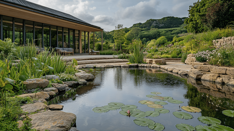 A timber-clad building with floor-to-ceiling glass overlooks a pond edged with stones and vibrant greenery, complete with lily pads on the water’s surface.