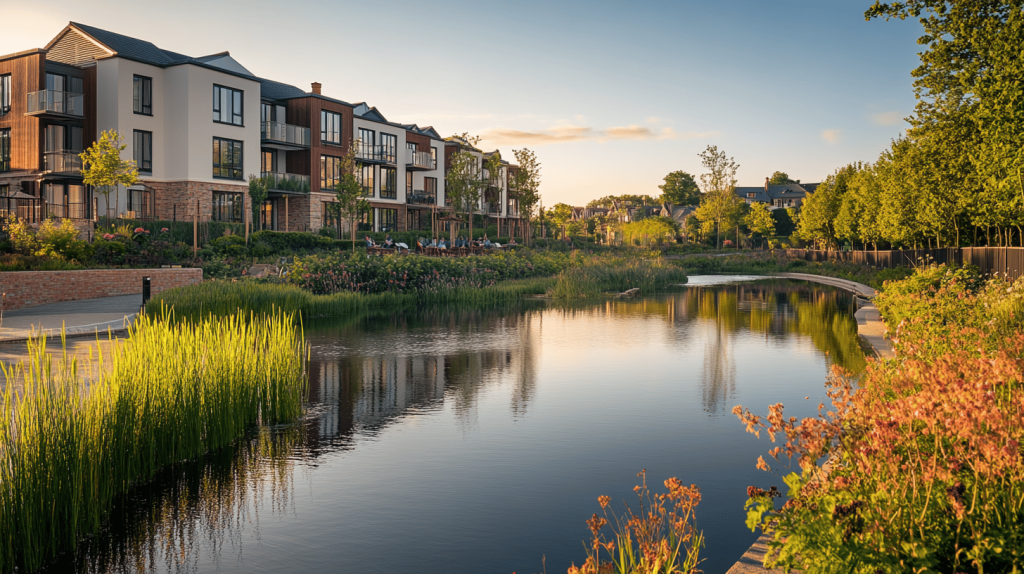 A serene pond framed by tall reeds and flowering plants, reflecting contemporary multi-storey buildings