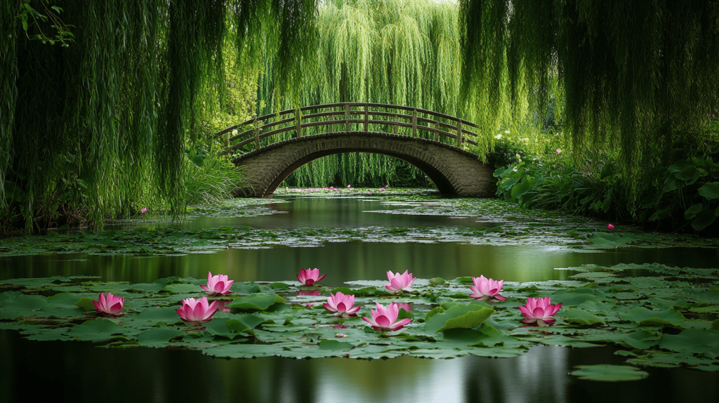 A serene pond with pink water lilies, overlooked by weeping willow trees, and crossed by a rustic stone bridge