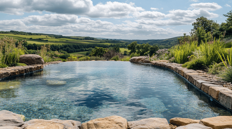A crystal-clear pool edged with natural stone, seamlessly blending into lush countryside views under a bright sky