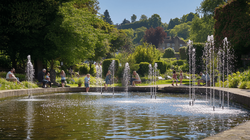Visitors seated around a sunlit pond with multiple fountain jets amid lush trees and houses in the background