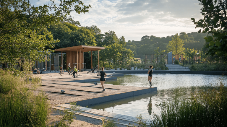 Several people exercising on a deck beside a timber pavilion and shallow pond in a verdant, tree-lined setting