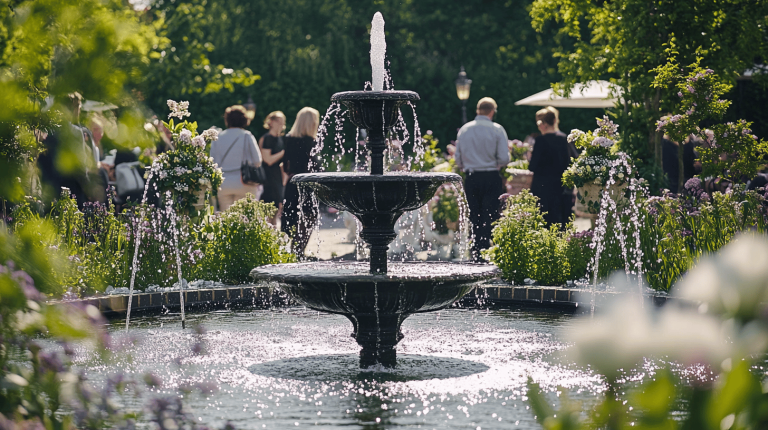 Black, multi-tiered fountain gently cascading water into a circular pool, surrounded by vibrant greenery and soft floral accents with guests in the background