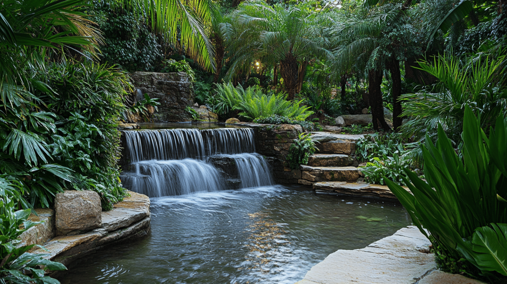 A layered waterfall flowing into a tranquil pond, surrounded by verdant palms and ferns with stone steps leading into lush greenery