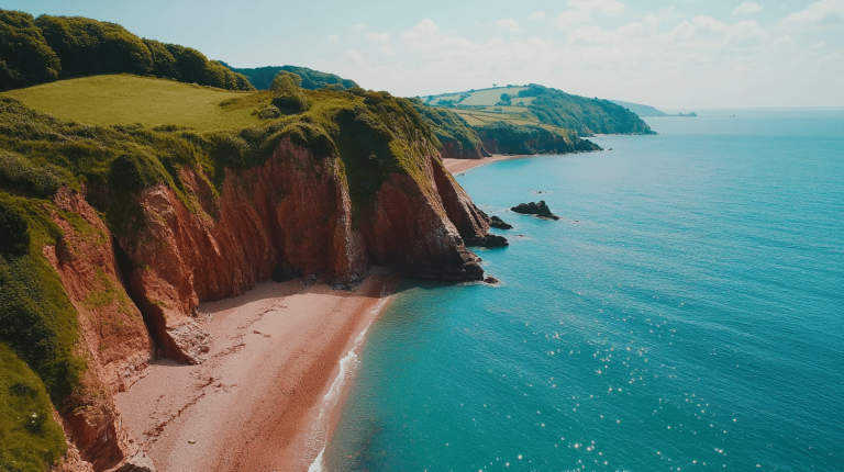 Dramatic red cliffs rising above a pebble beach with rolling green fields and vibrant turquoise sea