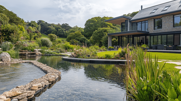 A modern house with large glass panels overlooking a landscaped pond encircled by stones and aquatic plants, set amidst lush greenery and rolling hills.