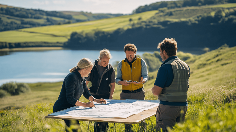 Four professionals reviewing large-scale plans on a wooden table, overlooking a lake and rolling green hills
