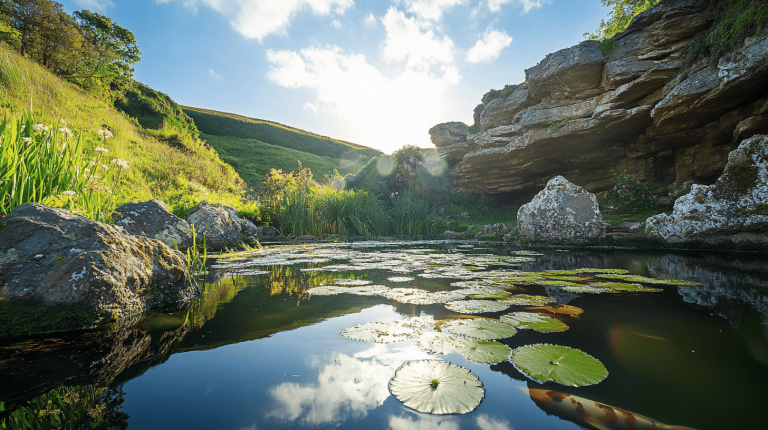 A scenic hillside pond with water lilies, surrounding greenery, and koi fish swimming under gentle sunlight near rocky outcrops