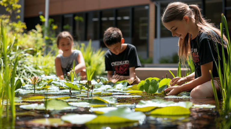 Three children kneeling by a shallow pond with blooming water lilies, carefully examining leaves and stems amidst lush greenery