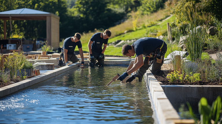 Three professionals in navy shirts carefully shaping a rectangular pond with surrounding greenery
