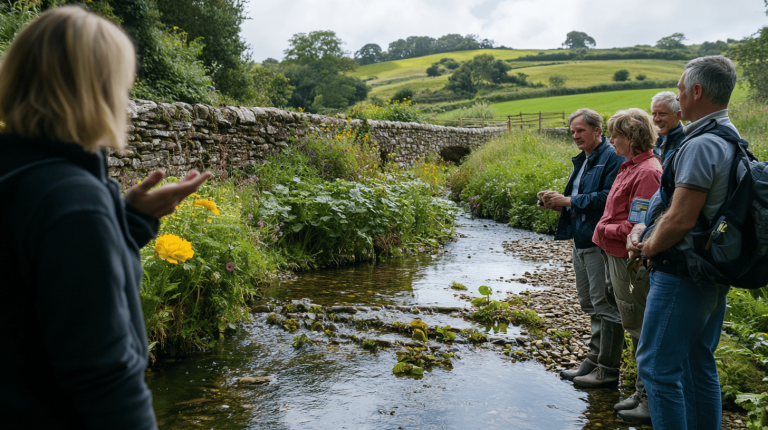 A group of professionals stands beside a shallow stream near a stone wall in rolling hills, discussing sustainable waterscape restoration among wildflowers