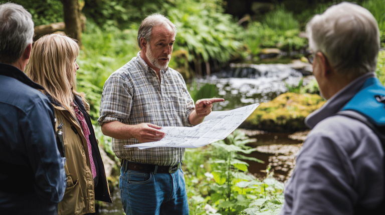 A man stands by a woodland stream holding a blueprint, discussing waterscape design with three other people.