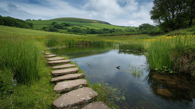 Stepping stones cross a calm pond amid tall reeds and wildflowers under rolling green hills and a partly cloudy sky.