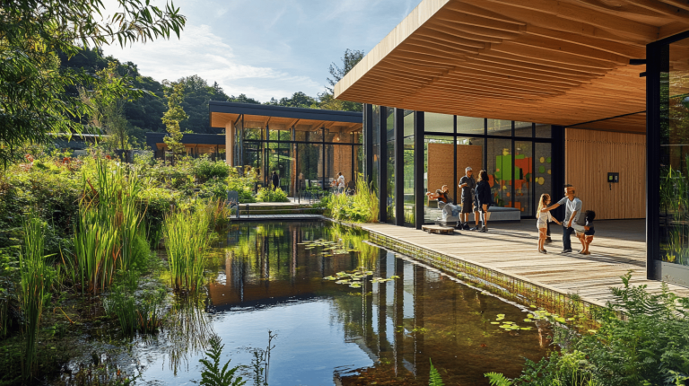 Contemporary wooden and glass buildings overlooking a reflective pond with lush aquatic plants, surrounded by greenery and a few people on a wooden walkway