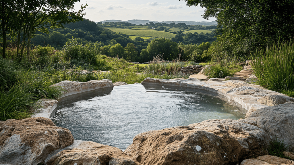 A circular, stone-rimmed pool set in a lush countryside landscape, bordered by tall grasses and framed by distant green hills under a softly lit sky