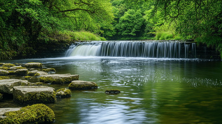A gentle waterfall cascading over a low stone ledge into a clear pool, with moss-covered stepping stones and dense woodland foliage all around