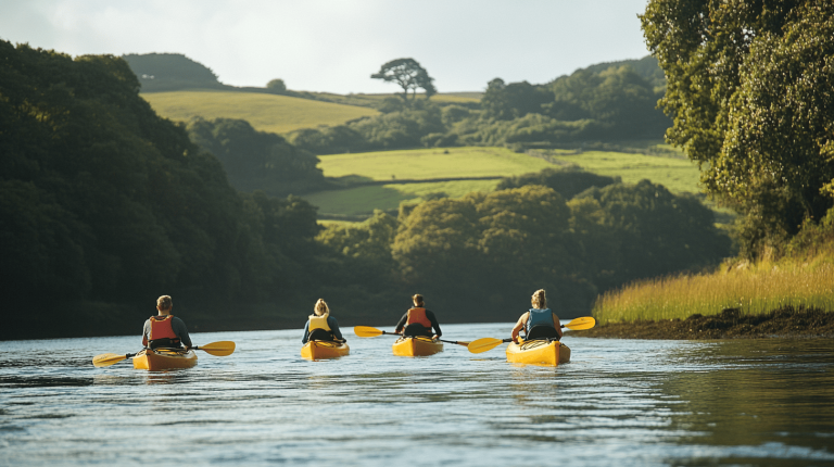 Four people in bright kayaks paddling across a calm river, with rolling green hills in the background