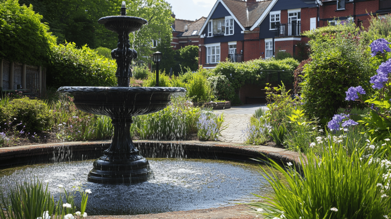 A dark metal fountain with cascading tiers set in a landscaped garden adorned with vibrant blooms and leafy shrubs, with brick houses in the background.