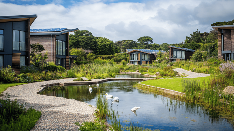 Modern, timber-clad buildings with solar-panelled roofs beside a landscaped pond and swans amid lush greenery
