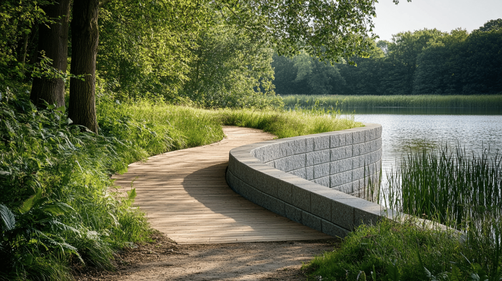 Infographic displaying the top five types of retaining walls for lakes, including gravity walls, cantilever walls, sheet pile walls, and their uses in erosion control.