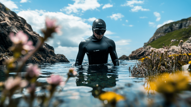 A man in a black wetsuit partially submerged in a rocky coastal waterscape, with pink and yellow coastal flora in the foreground and cliffs rising in the background under a bright sky.