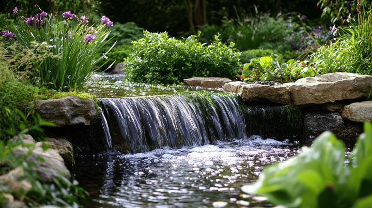 A small, naturally styled waterfall flowing over rocks surrounded by purple blooms, lush greenery, and reflective water