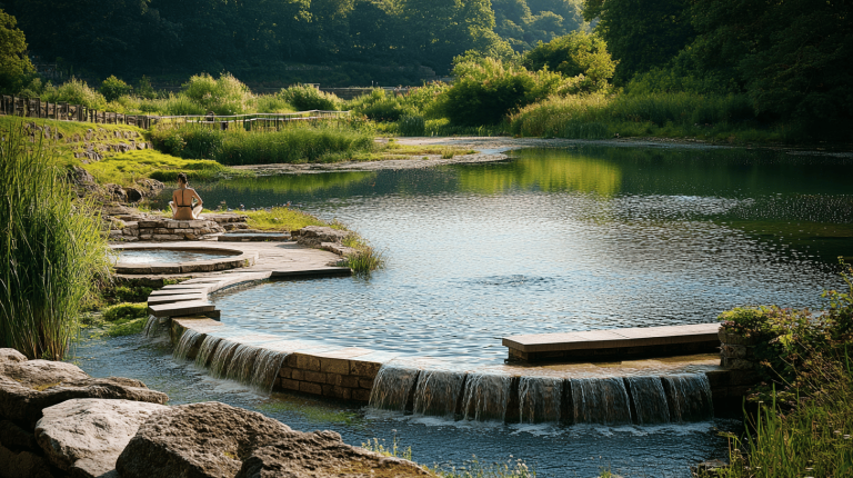 A tranquil lakeside feature with curved stone tiers, small waterfalls, lush vegetation, and a figure seated at the edge
