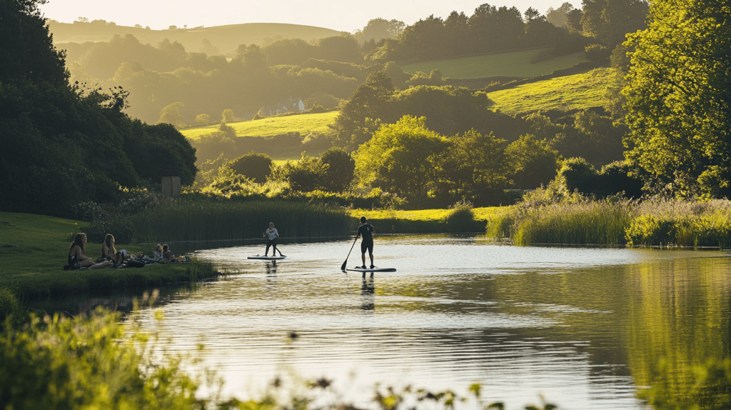People paddle boarding on a peaceful stretch of water surrounded by lush greenery and rolling hills, with a small group relaxing on the grassy bank in the warm evening light