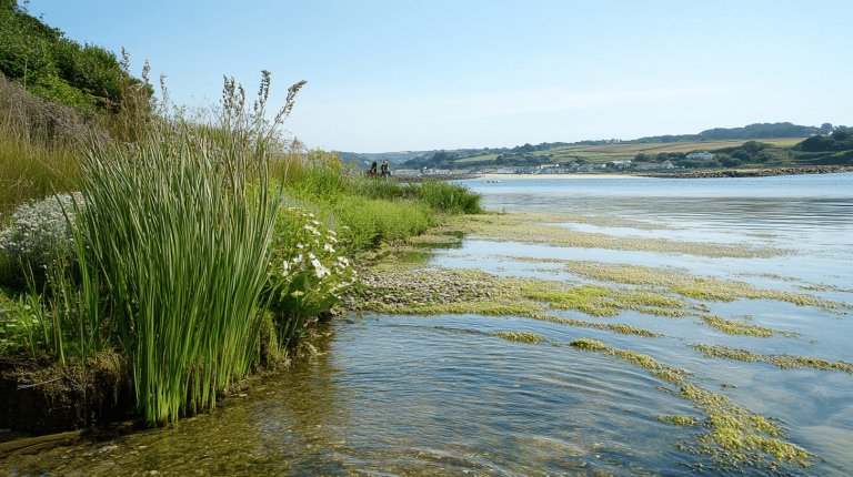 Lush reeds and white coastal flowers growing along a calm waterside, with rolling hills visible in the distance under a clear sky