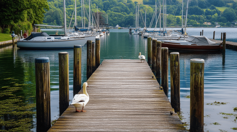 A wooden jetty lined with tall posts leads onto a calm lake, with two swans standing on the walkway and sailboats moored nearby against a backdrop of lush green hills.