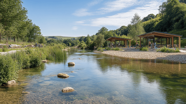 A shallow river with stepping stones in the foreground, framed by lush greenery and open-air wooden shelters in a gently rolling countryside