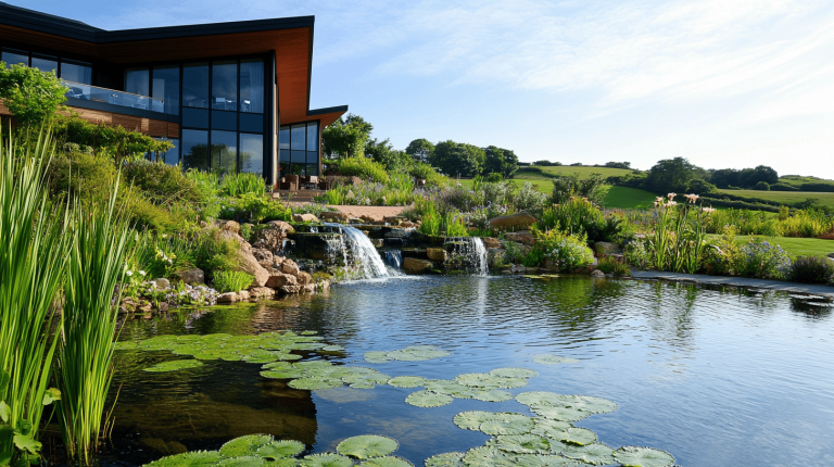 A modern building with large glass windows overlooks tiered waterfalls flowing into a lively pond with lily pads, bordered by lush plants and rolling green hills under a bright sky.