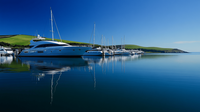 Large white yachts anchored in a calm harbour, reflecting on clear blue water with rolling green hills in the background under a bright sky