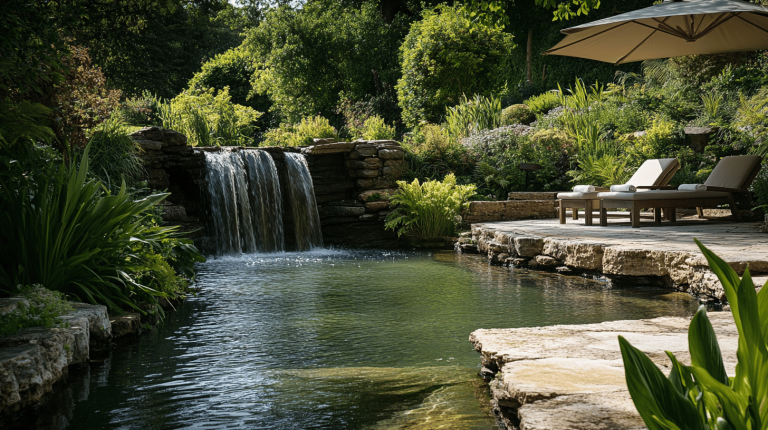 A natural-style waterfall flowing into a clear pond surrounded by lush greenery and a stone deck with two sun loungers
