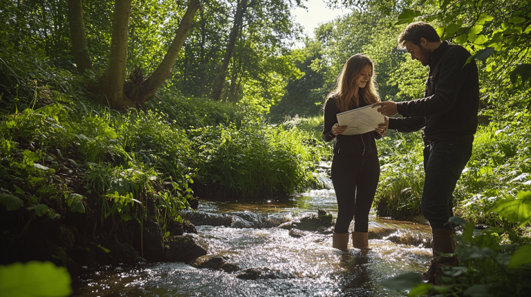 Two environmental engineers standing in a shallow forest stream examining waterscape design plans amidst lush green foliage