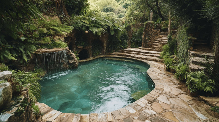 A curved stone pool set amidst lush greenery, with a gentle waterfall flowing into crystal-clear water, surrounded by ferns and stone steps leading through the landscape.