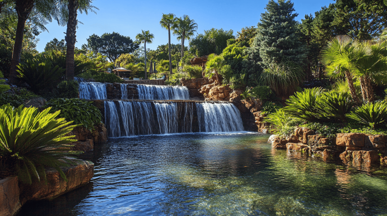 A layered waterfall cascading into a tranquil pool, surrounded by palms and dense greenery