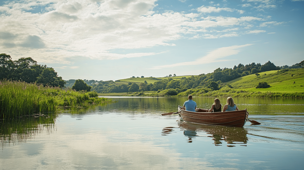 Three individuals in a wooden rowing boat on a scenic lake with green hills and tall reeds lining the shoreline