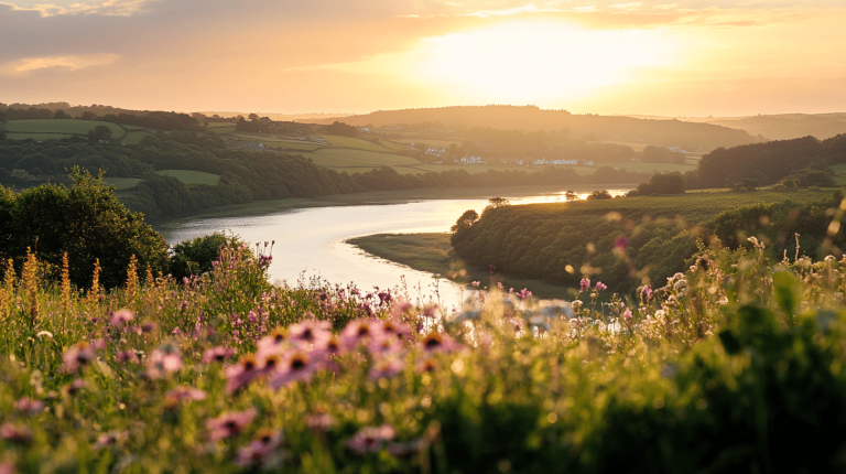 View of a gently winding river amid rolling green hills at sunset, with wildflowers in the foreground