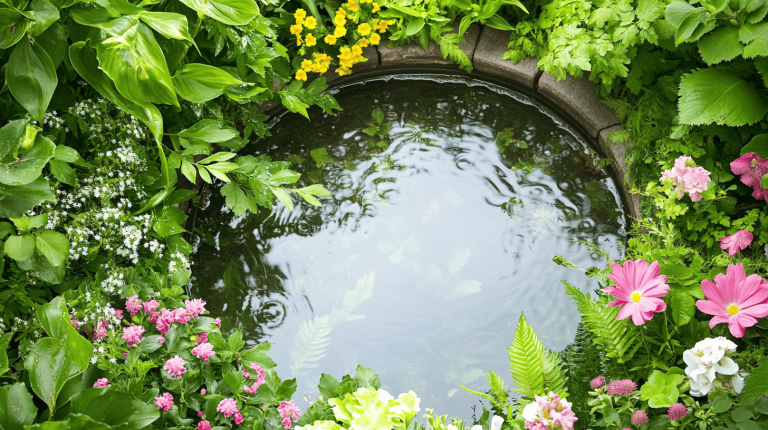 A circular pond is encircled by lush foliage and colourful blooms, reflecting the greenery on its surface