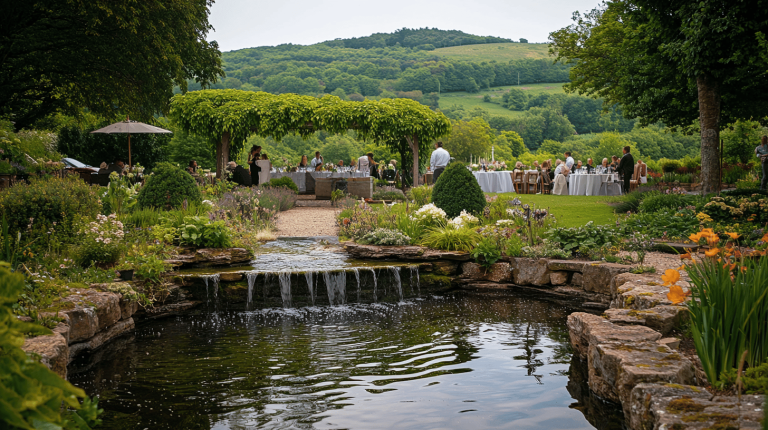 A stone-bordered pond with a gentle cascade, surrounded by vibrant plants and tables set under a leafy arbour against rolling green hills.